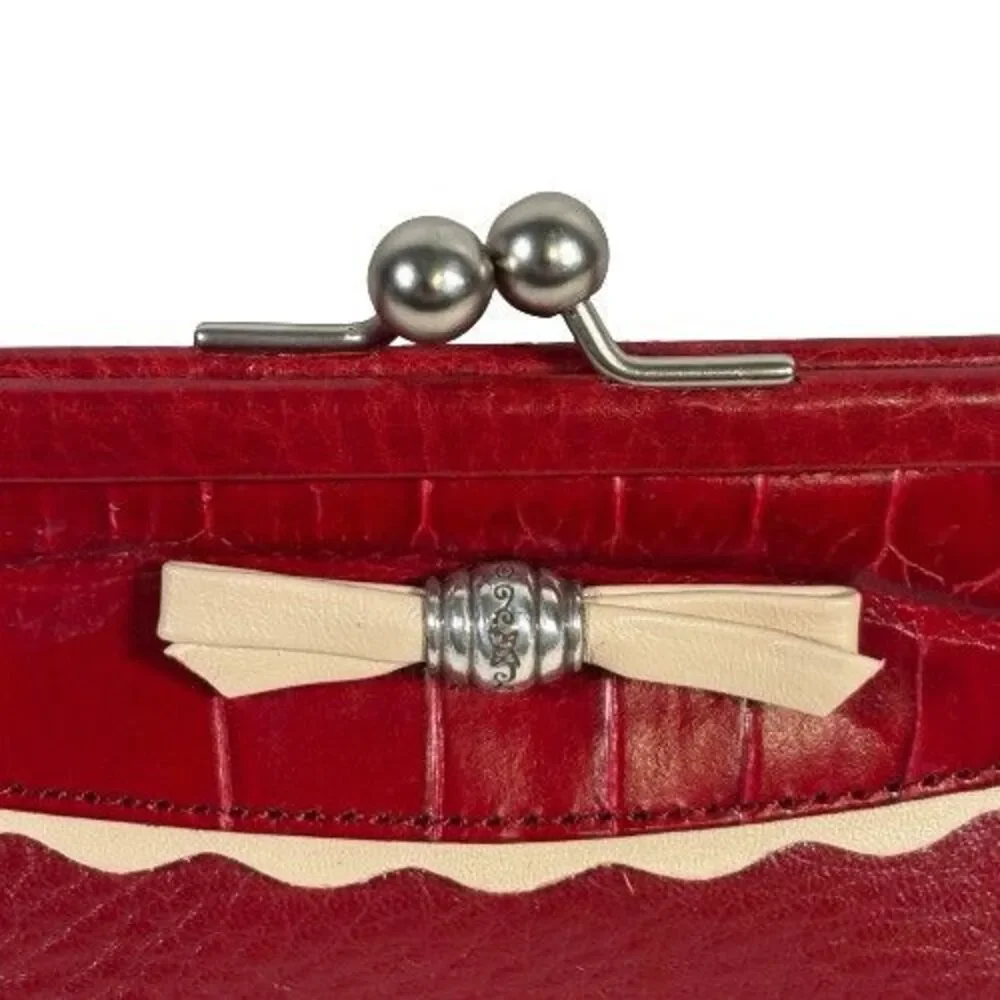 Brighton Red Pebbled & Croc Leather Crossbody Evening Bag Clutch Chain Strap - Picture 13 of 16